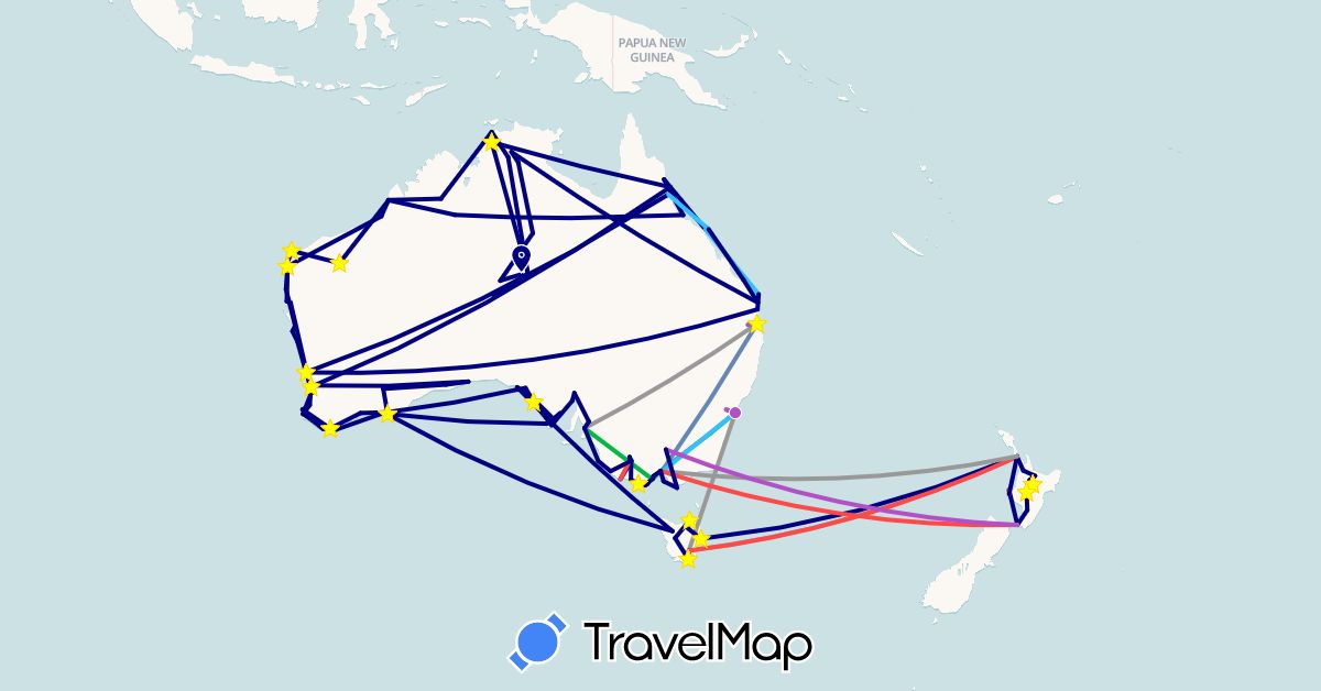 TravelMap itinerary: driving, bus, plane, cycling, train, hiking, boat in Australia, New Zealand (Oceania)
